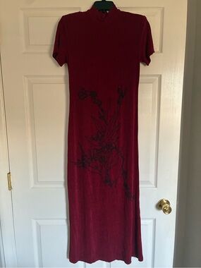 Elegant Crimson Maxi Dress with Embroidered Detail